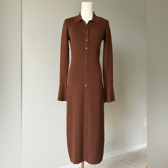 PAIGE Dresses & Skirts - PAIGE Sundara Slim Chocolate Brown Long Sleeve Organic Cotton Midi Dress-S